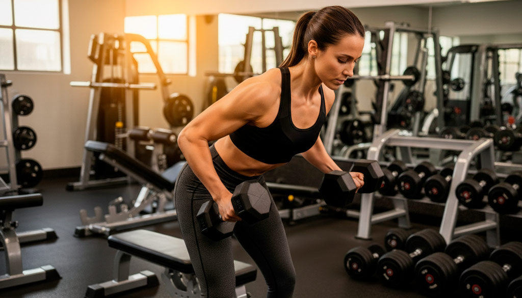 Errores al entrenar con mancuernas: deportista realizando remo inclinado en gimnasio