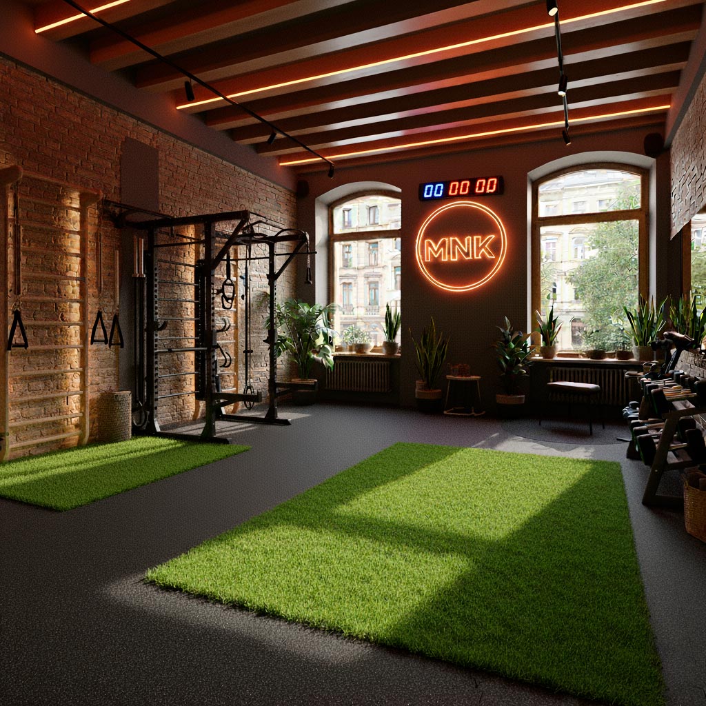 Gimnasio boutique con suelo de césped artificial, equipamiento funcional y ambiente exclusivo con decoración en ladrillo visto.