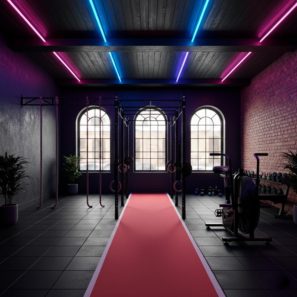 Interior de un gimnasio boutique moderno con iluminación LED, pasillo de césped sintético rojo y zona de entrenamiento funcional.