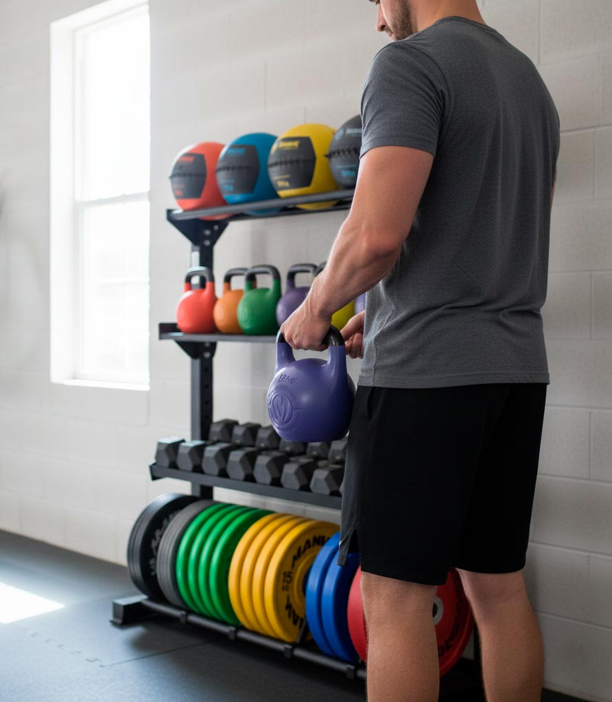 optimizar espacio para entrenar en casa con kettlebells, mancuernas y discos organizados en rack