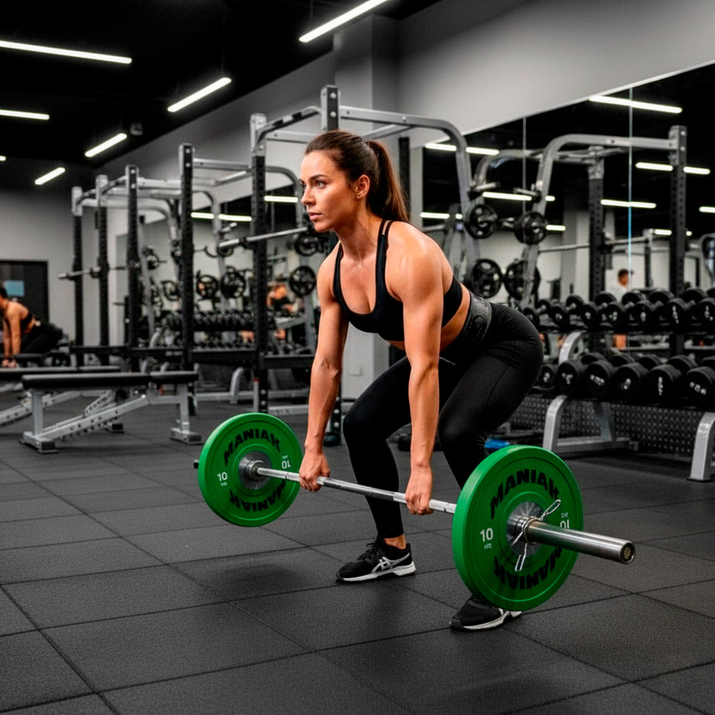 Mujer realizando peso muerto con barra para entrenar glúteos y femorales